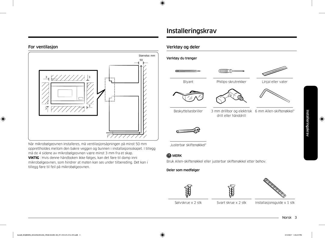 Samsung MS22M8054AK/EE, MS22M8074AT/EE, MS22M8054AW/EE manual Installeringskrav, For ventilasjon, Verktøy og deler 