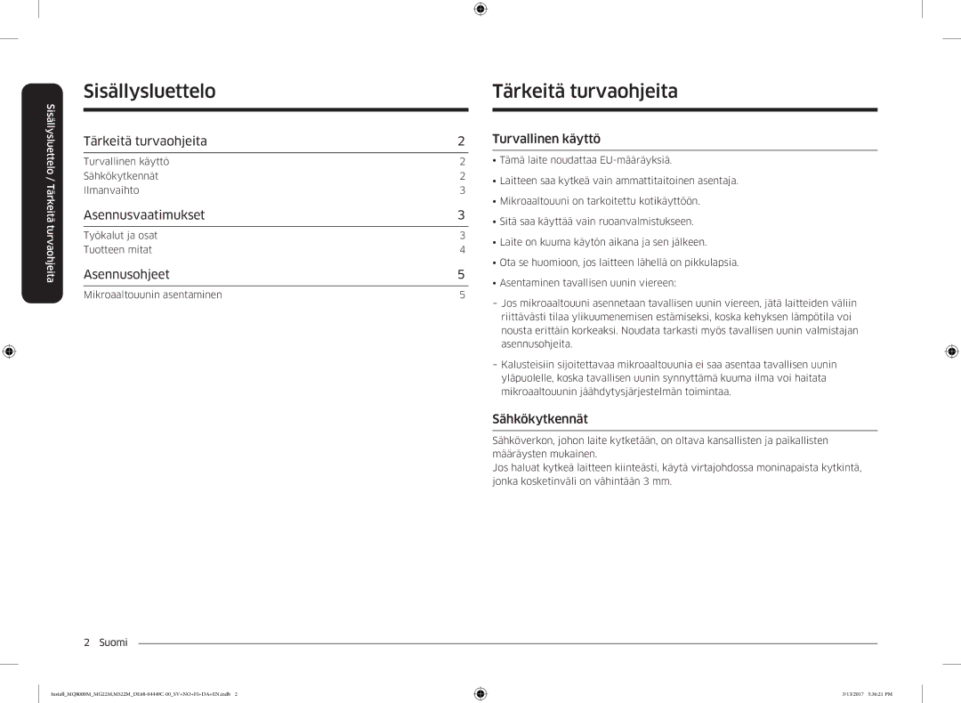 Samsung MS22M8074AT/EE, MS22M8054AW/EE, MS22M8054AK/EE manual Sisällysluettelo, Tärkeitä turvaohjeita 