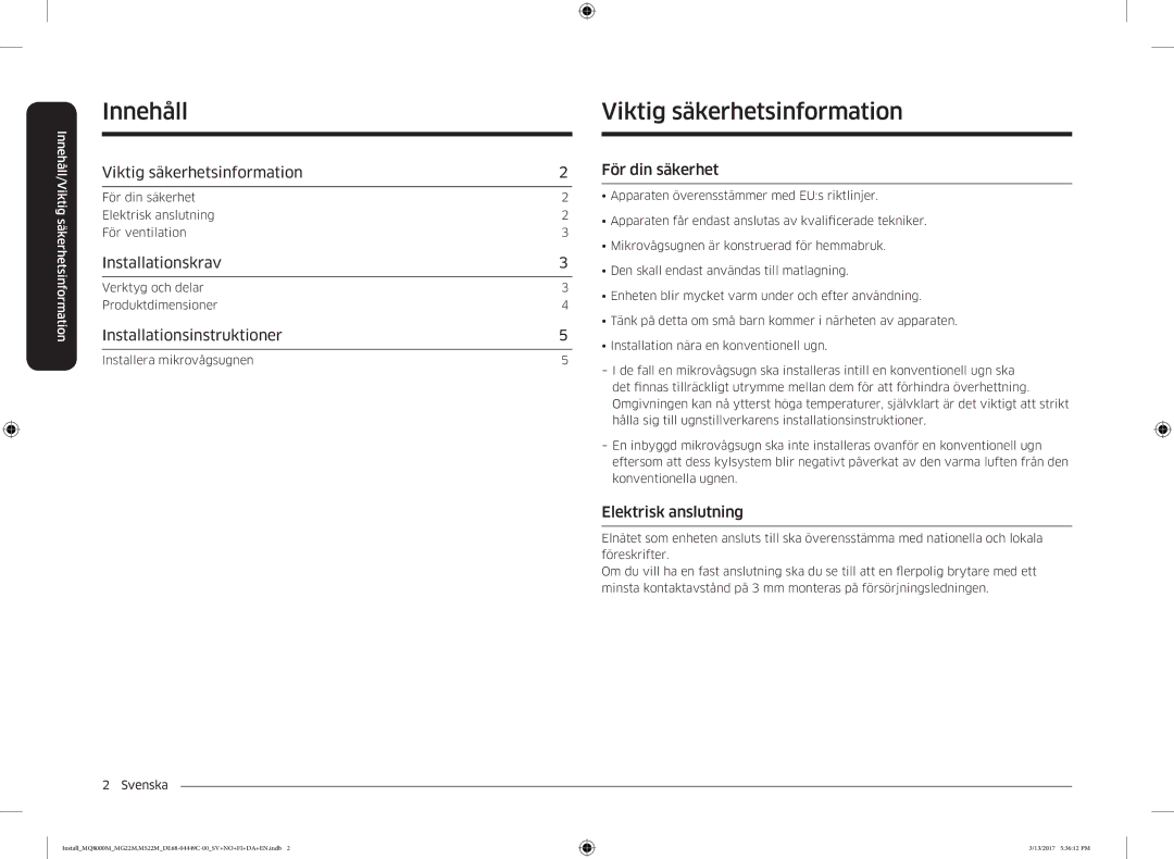 Samsung MS22M8054AK/EE, MS22M8074AT/EE, MS22M8054AW/EE manual Innehåll, Viktig säkerhetsinformation 