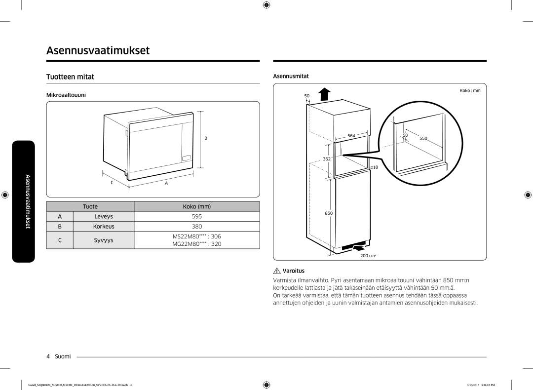 Samsung MS22M8054AK/EE, MS22M8074AT/EE, MS22M8054AW/EE manual Tuotteen mitat, Varoitus 