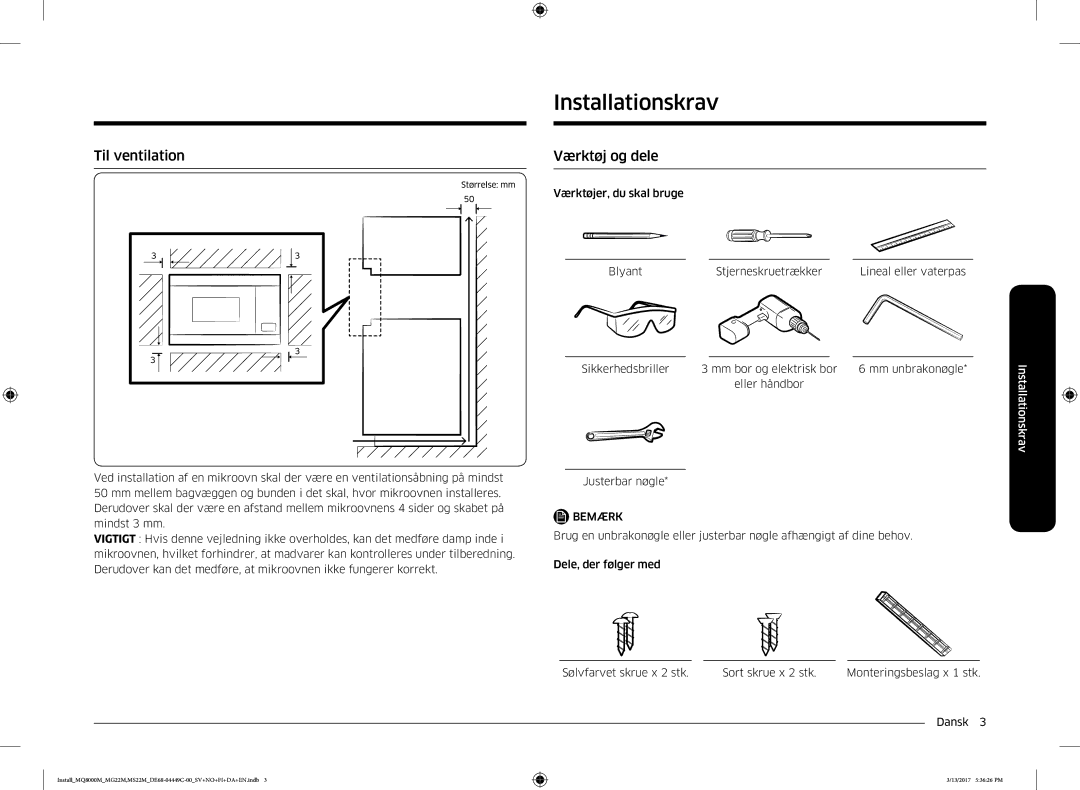 Samsung MS22M8074AT/EE, MS22M8054AW/EE, MS22M8054AK/EE manual Til ventilation, Værktøj og dele 