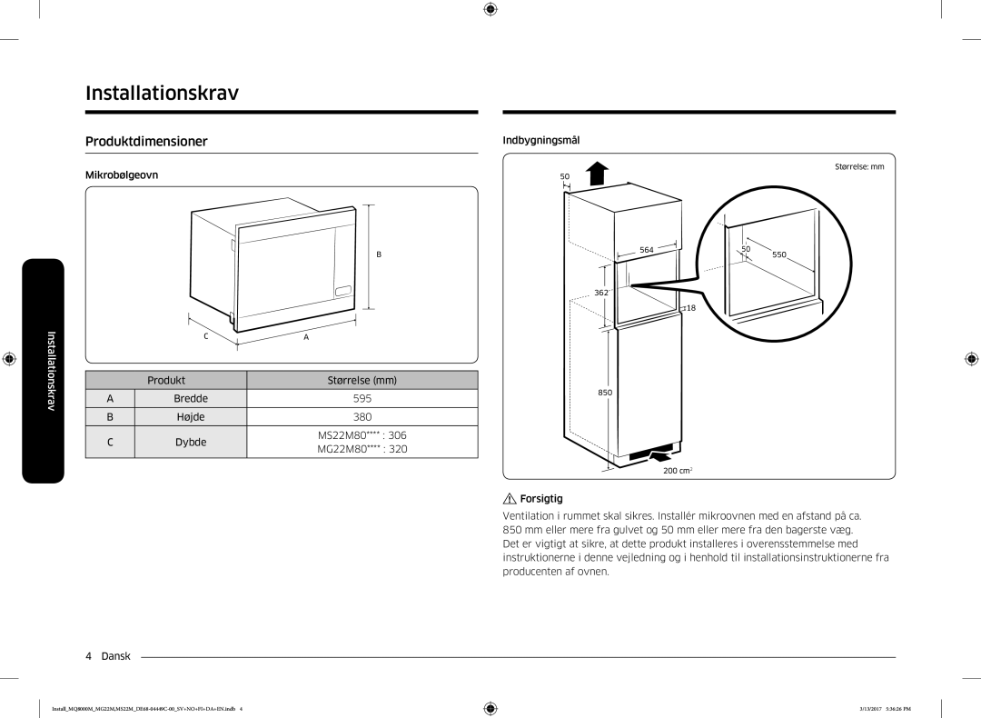 Samsung MS22M8054AW/EE, MS22M8074AT/EE, MS22M8054AK/EE manual Indbygningsmål Mikrobølgeovn 