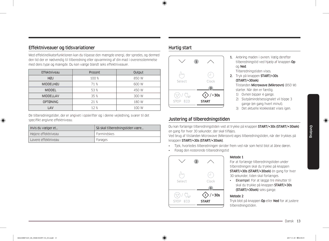 Samsung MS22M8074AT/EE manual Effektniveauer og tidsvariationer, Hurtig start, Justering af tilberedningstiden, Middelhøj 