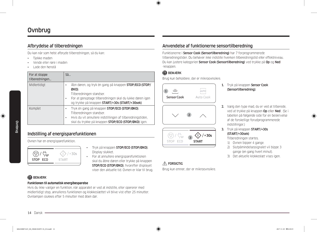 Samsung MS22M8074AT/EE manual Afbrydelse af tilberedningen, Anvendelse af funktionerne sensortilberedning, Øko 