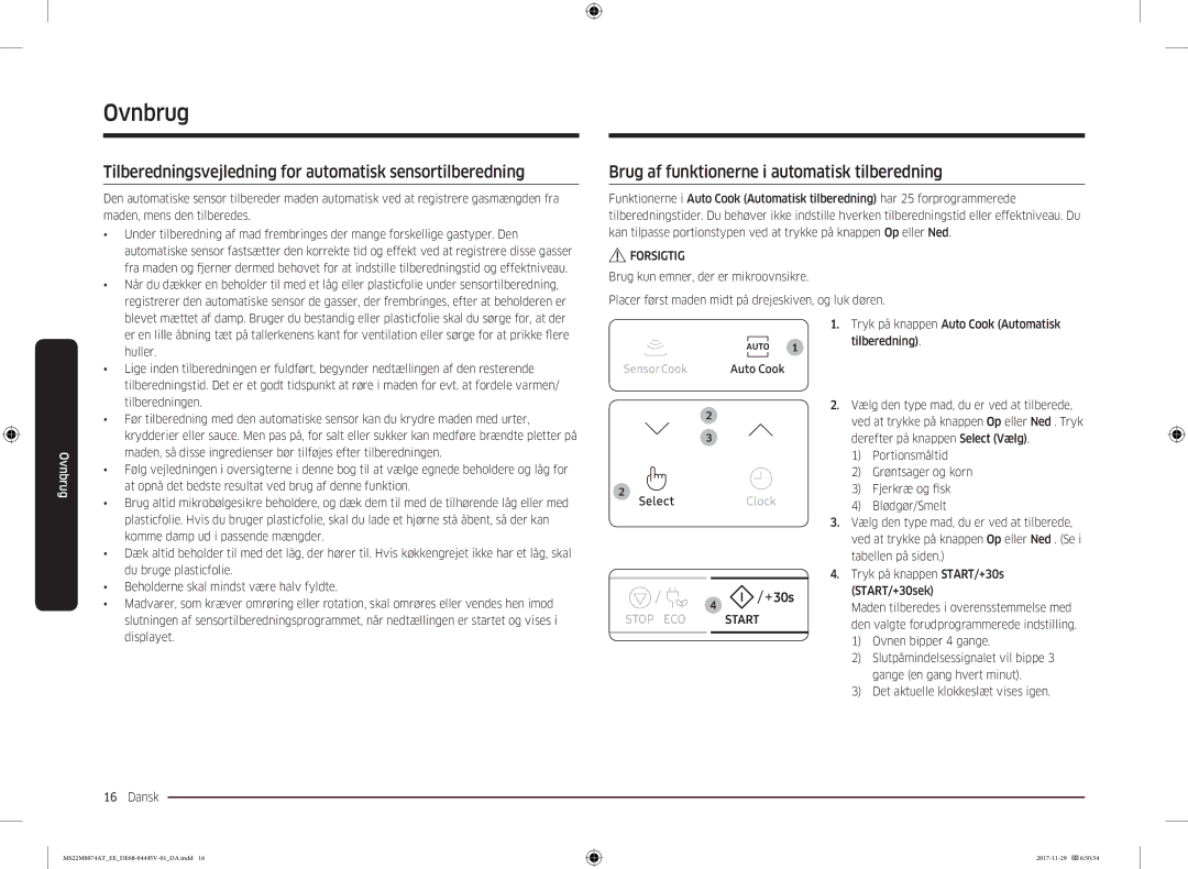 Samsung MS22M8074AT/EE manual Tilberedningsvejledning for automatisk sensortilberedning 