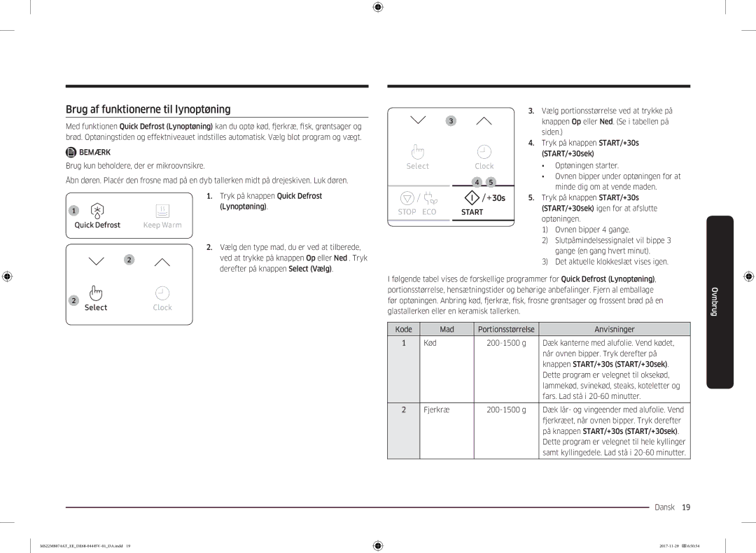 Samsung MS22M8074AT/EE manual Brug af funktionerne til lynoptøning, Vælg den type mad, du er ved at tilberede 