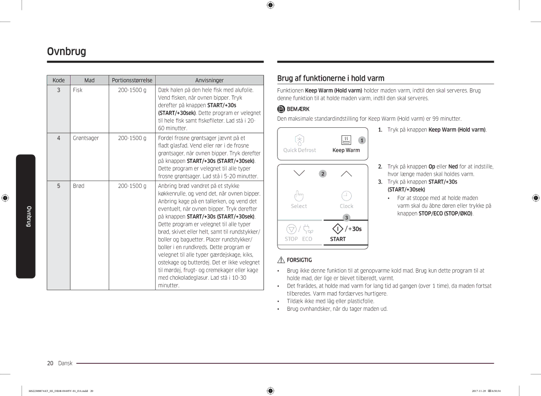 Samsung MS22M8074AT/EE manual Brug af funktionerne i hold varm 