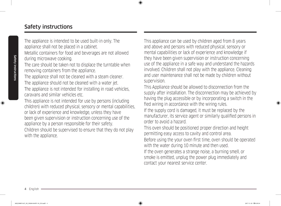 Samsung MS22M8074AT/EE manual Safety instructions 