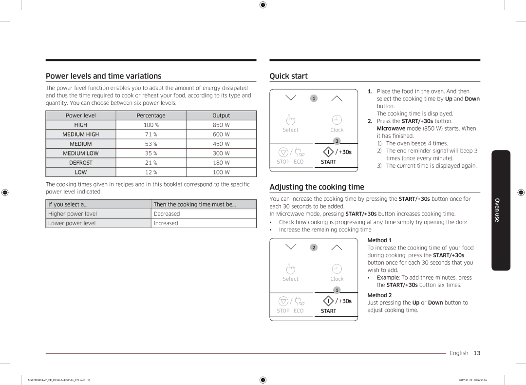 Samsung MS22M8074AT/EE manual Power levels and time variations, Quick start, Adjusting the cooking time 