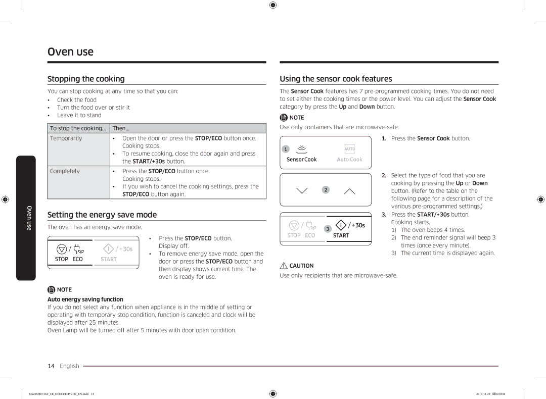 Samsung MS22M8074AT/EE manual Stopping the cooking, Using the sensor cook features, Setting the energy save mode 