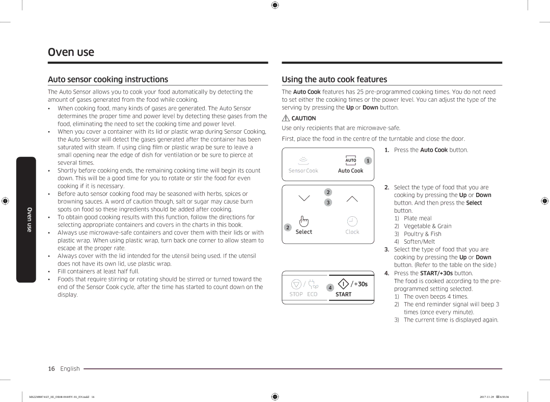 Samsung MS22M8074AT/EE manual Auto sensor cooking instructions, Using the auto cook features 