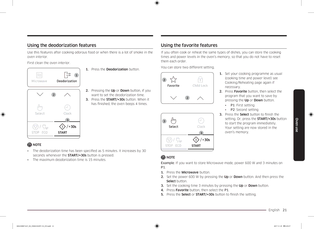 Samsung MS22M8074AT/EE manual Using the deodorization features, Using the favorite features 