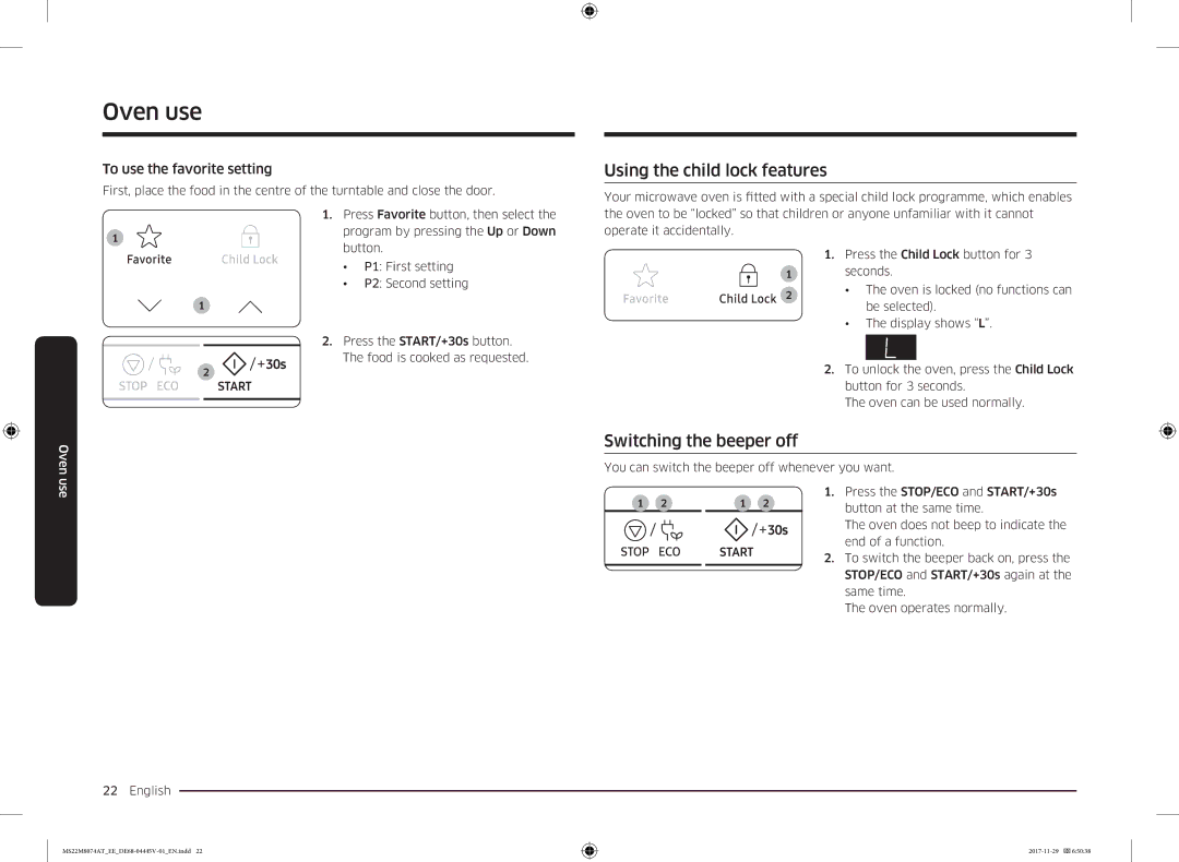 Samsung MS22M8074AT/EE manual Using the child lock features, Switching the beeper off, To use the favorite setting 