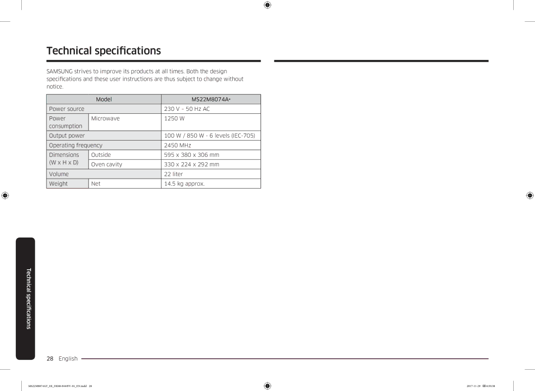 Samsung MS22M8074AT/EE manual Technical specifications 