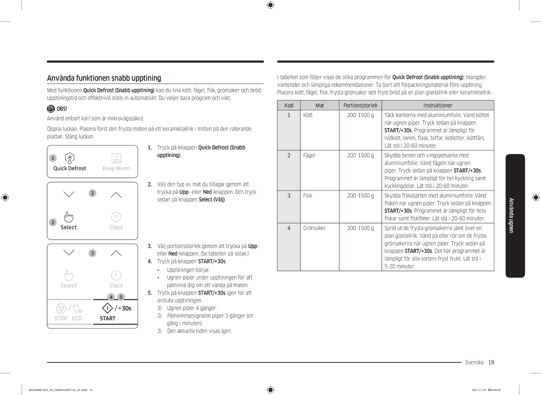 Samsung MS22M8074AT/EE manual Använda funktionen snabb upptining 