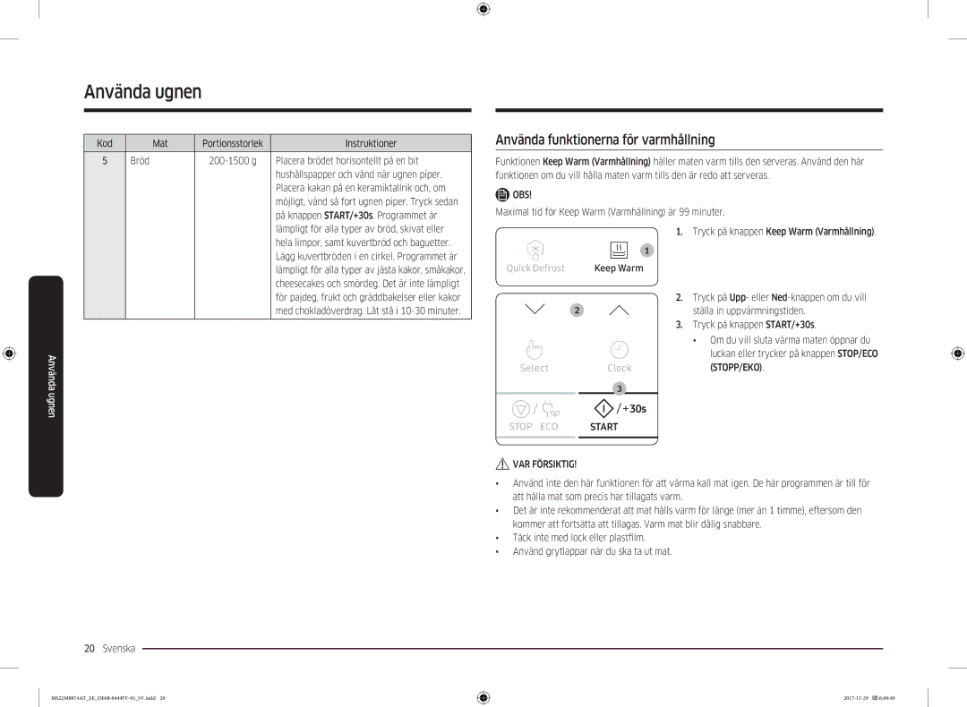 Samsung MS22M8074AT/EE manual Använda funktionerna för varmhållning 