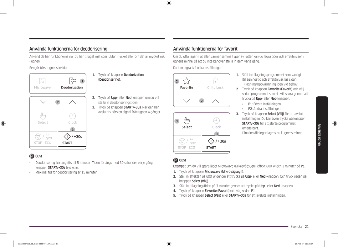 Samsung MS22M8074AT/EE manual Använda funktionerna för deodorisering, Använda funktionerna för favorit 