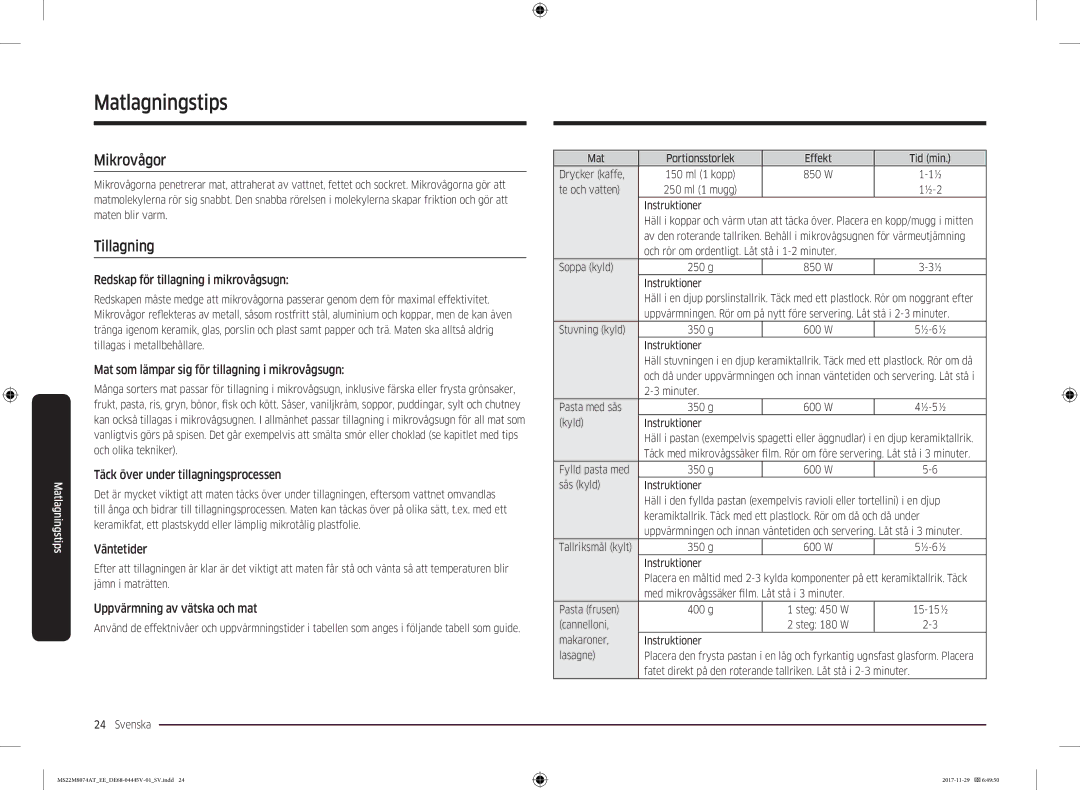 Samsung MS22M8074AT/EE manual Matlagningstips, Mikrovågor, Tillagning 