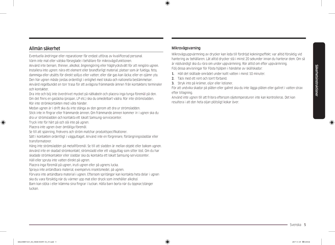 Samsung MS22M8074AT/EE manual Allmän säkerhet, Mikrovågsvarning, Häll eller spruta inte vatten direkt på ugnen 