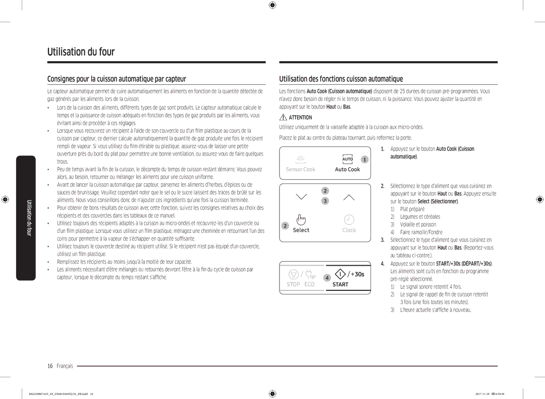 Samsung MS22M8074AT/EF Consignes pour la cuisson automatique par capteur, Utilisation des fonctions cuisson automatique 