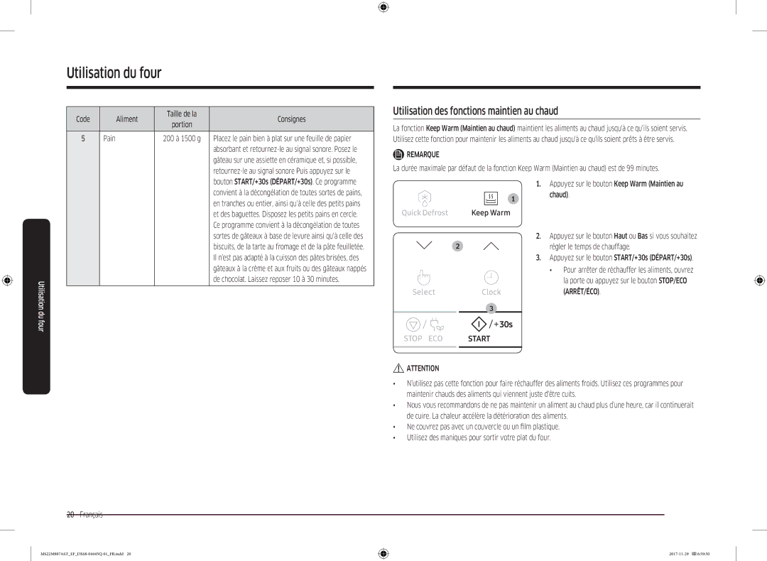 Samsung MS22M8074AT/EF manual Utilisation des fonctions maintien au chaud, Pain 