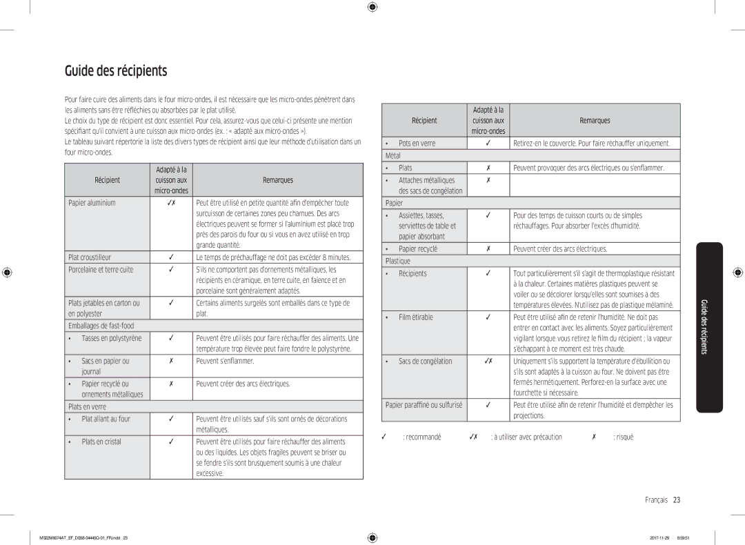 Samsung MS22M8074AT/EF manual Guide des récipients 