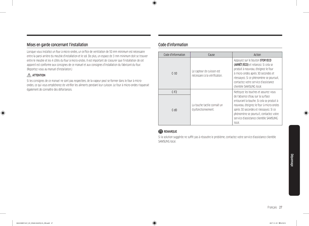 Samsung MS22M8074AT/EF manual Mises en garde concernant linstallation, Code dinformation 