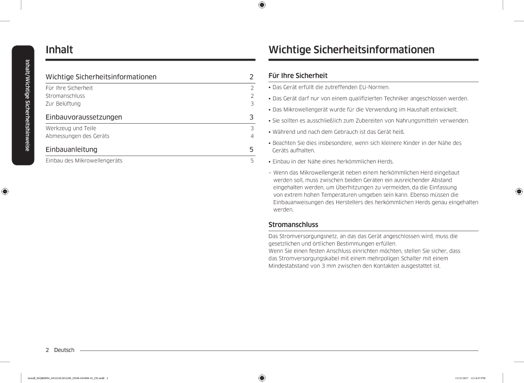 Samsung MS22M8074AT/EG, MG22M8074AT/EG manual Inhalt, Wichtige Sicherheitsinformationen 