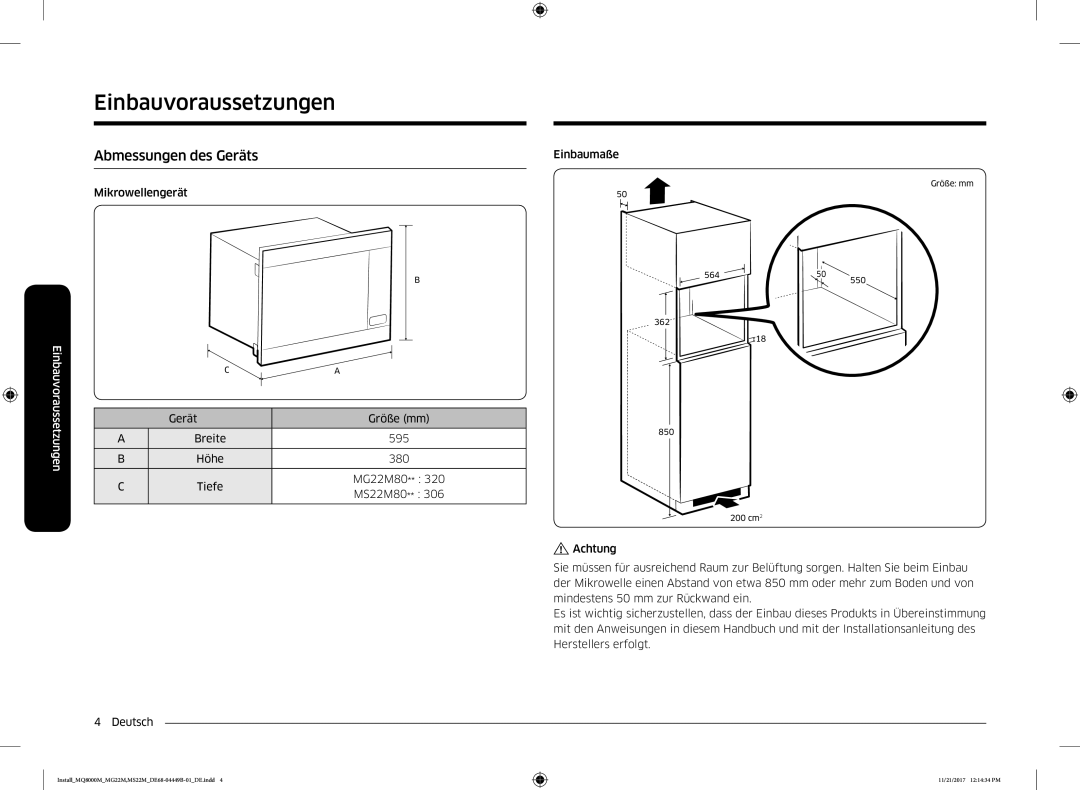 Samsung MS22M8074AT/EG, MG22M8074AT/EG manual Abmessungen des Geräts 