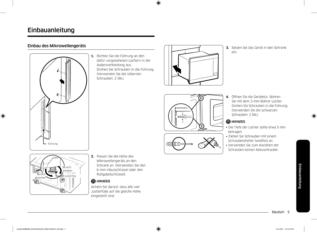 Samsung MG22M8074AT/EG, MS22M8074AT/EG manual Einbauanleitung, Einbau des Mikrowellengeräts 