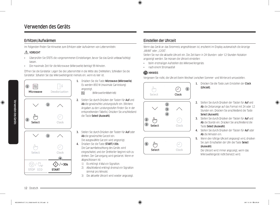 Samsung MS22M8074AT/EG manual Erhitzen/Aufwärmen, Einstellen der Uhrzeit 