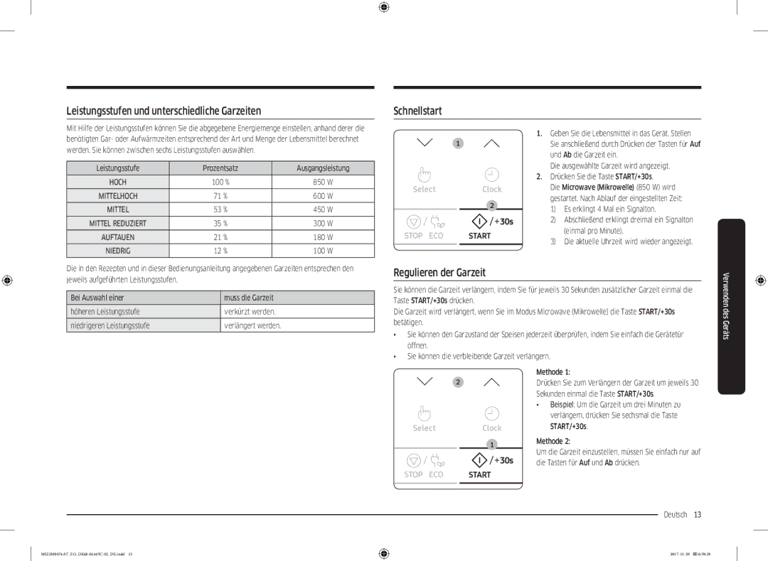 Samsung MS22M8074AT/EG manual Leistungsstufen und unterschiedliche Garzeiten, Schnellstart, Regulieren der Garzeit 