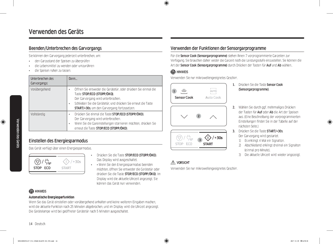 Samsung MS22M8074AT/EG manual Beenden/Unterbrechen des Garvorgangs, Verwenden der Funktionen der Sensorgarprogramme 