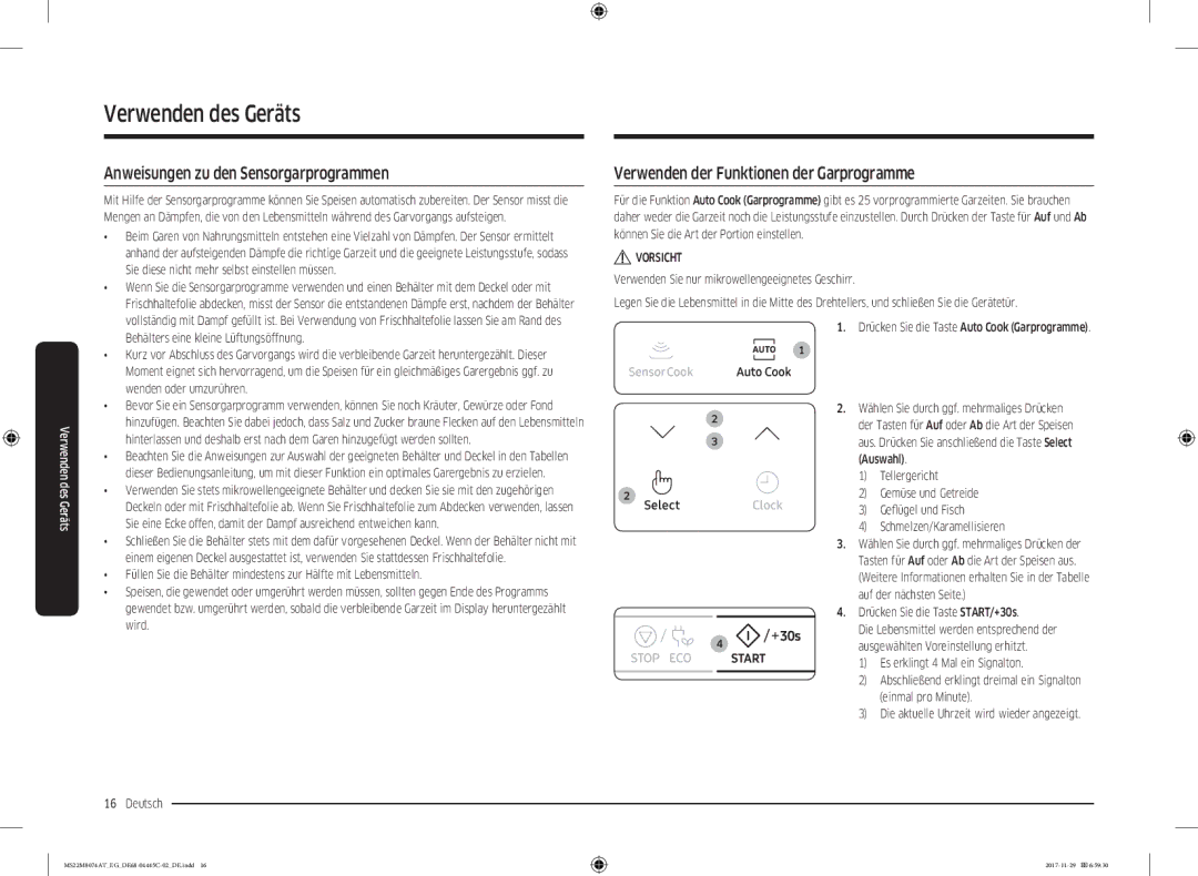 Samsung MS22M8074AT/EG manual Anweisungen zu den Sensorgarprogrammen, Verwenden der Funktionen der Garprogramme 