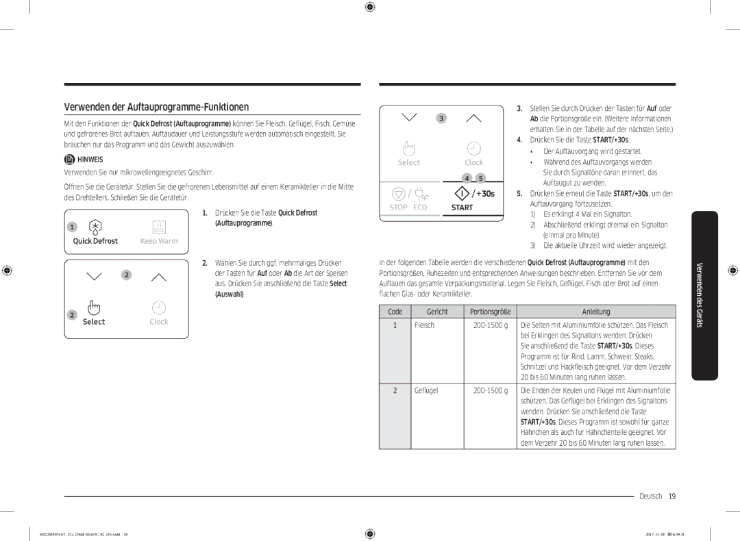 Samsung MS22M8074AT/EG manual Verwenden der Auftauprogramme-Funktionen 