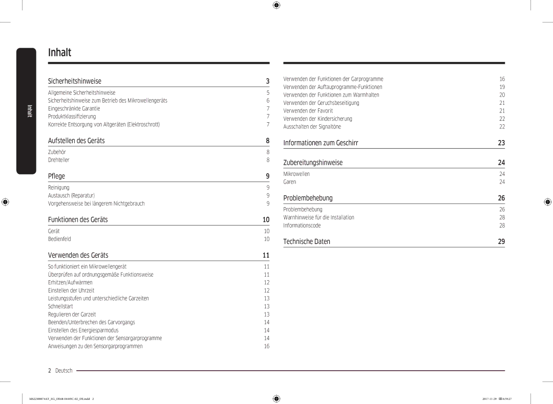 Samsung MS22M8074AT/EG manual Inhalt, Zubehör Drehteller, Gerät Bedienfeld, Mikrowellen Garen 