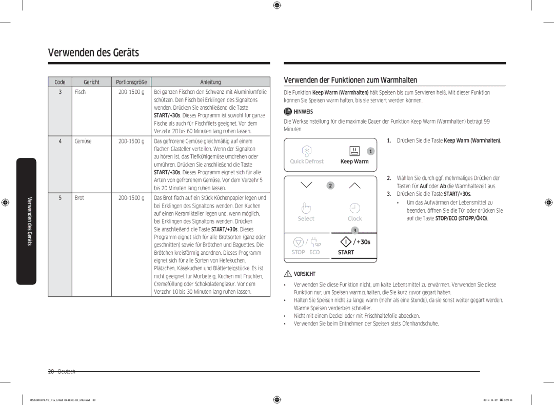 Samsung MS22M8074AT/EG manual Verwenden der Funktionen zum Warmhalten 