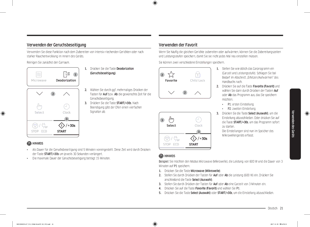 Samsung MS22M8074AT/EG manual Verwenden der Geruchsbeseitigung, Verwenden der Favorit 