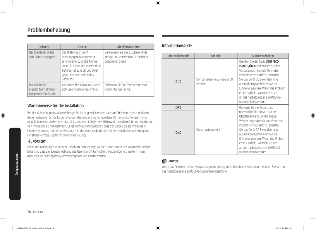 Samsung MS22M8074AT/EG manual Warnhinweise für die Installation, Informationscode 