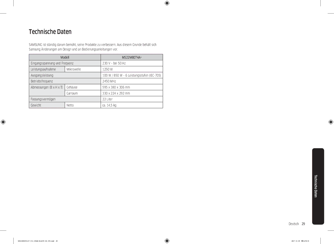 Samsung MS22M8074AT/EG manual Technische Daten, Betriebsfrequenz 2450 MHz 