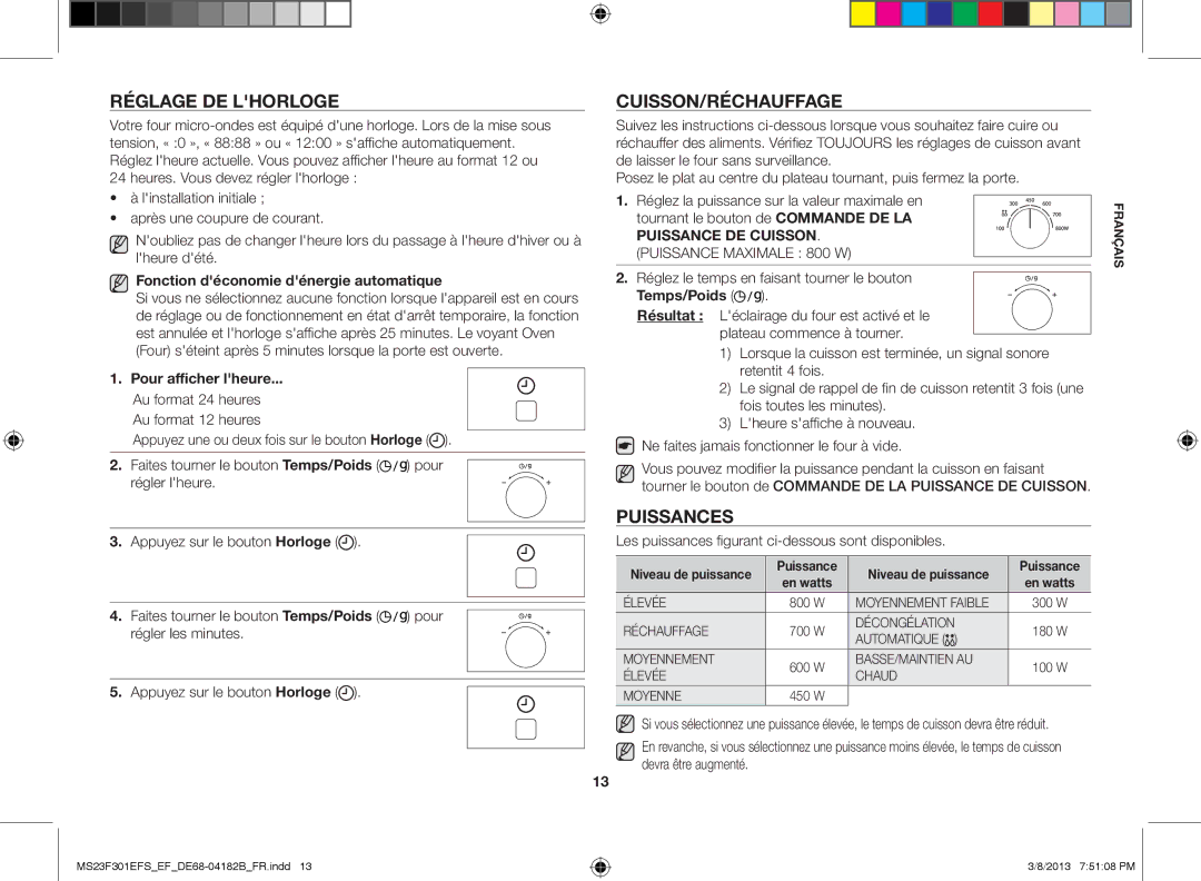 Samsung MS23F300EAK/EF manual Réglage de lhorloge, Cuisson/Réchauffage, Puissances, Au format 24 heures Au format 12 heures 