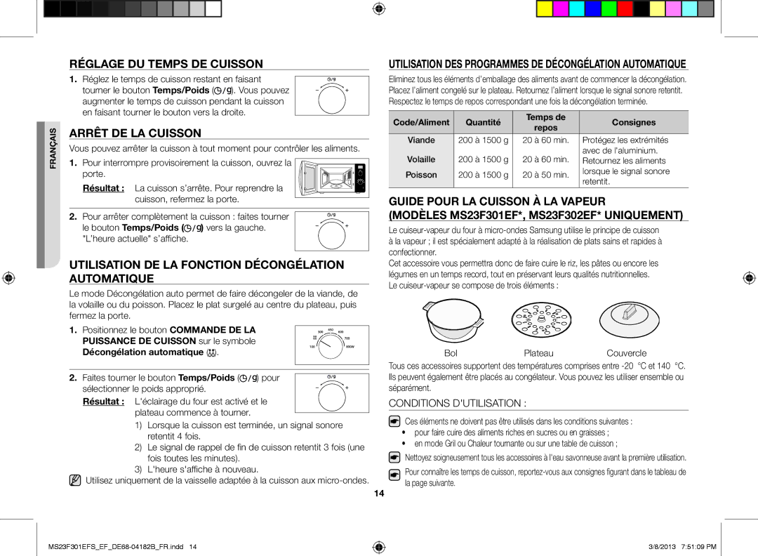 Samsung MS23F300EAK/EF manual Réglage du temps de cuisson, Arrêt de la cuisson 