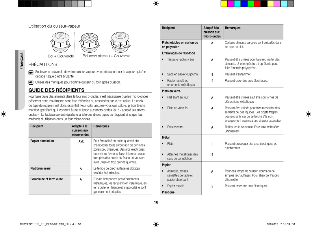 Samsung MS23F300EAK/EF manual Guide des récipients 