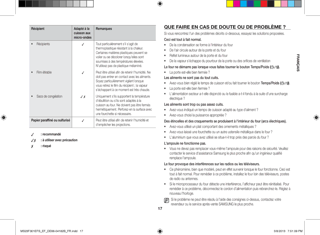 Samsung MS23F300EAK/EF manual Que faire en cas de doute ou de problème ?, Récipients Tout particulièrement sil sagit de 