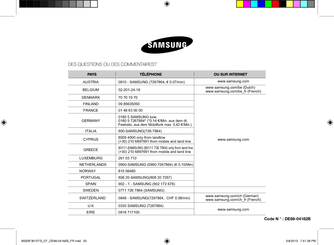 Samsung MS23F300EAK/EF Samsung 7267864, € 0.07/min, 02-201-24-18, 70 70 19, 01 48 63 00 0180 5 Samsung bzw, 261 03, 815 