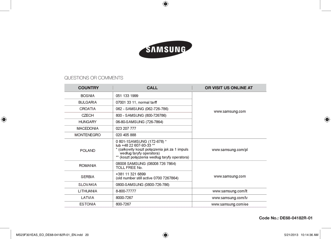 Samsung MS23F301EAW/EO, MS23F301EAS/EG, MS23F301ELW/EG, MS23F301ELW/EO, MS23F301EAS/EO, MS23F301EAW/SW Code No. DE68-04182R-01 