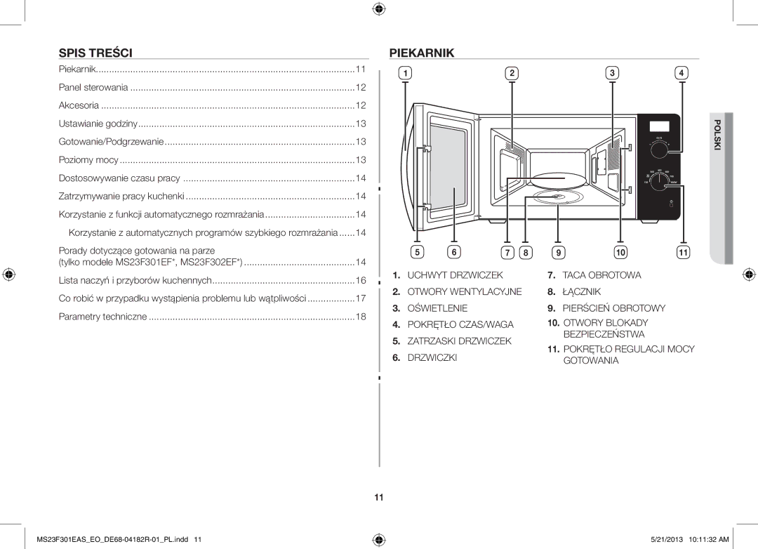 Samsung MS23F301EAW/SW manual Spis Treści, Piekarnik, Porady dotyczące gotowania na parze, Dostosowywanie czasu pracy 