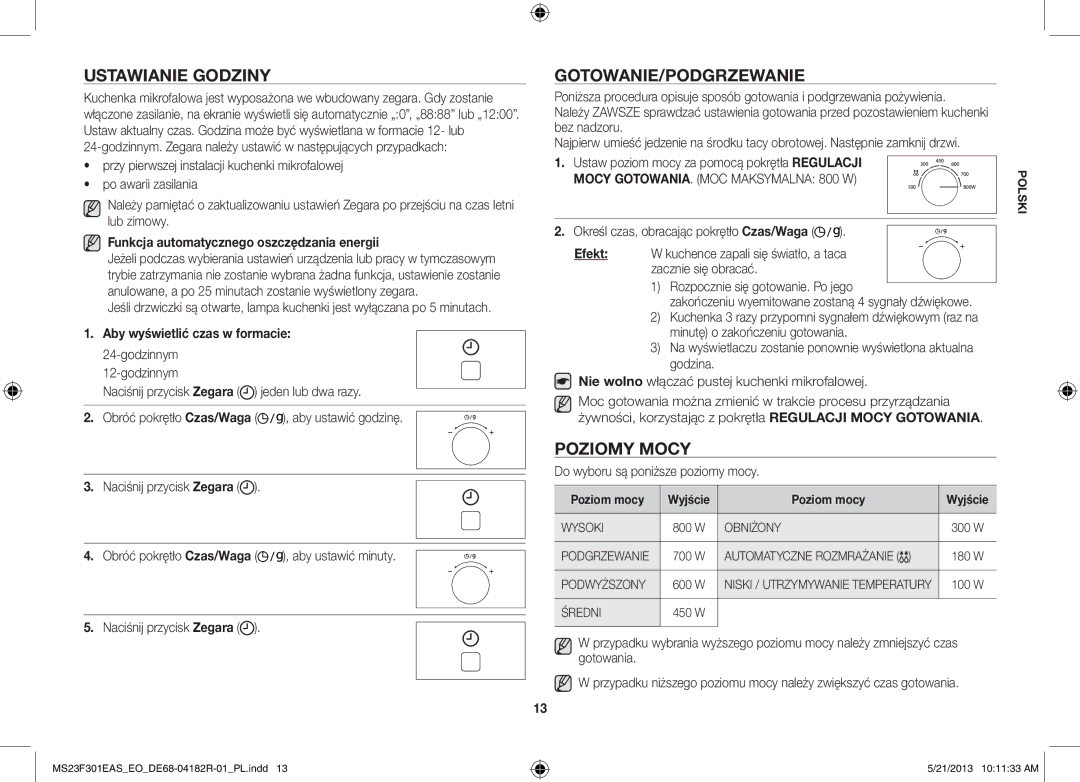 Samsung MS23F301ELW/EG manual Ustawianie Godziny, Gotowanie/Podgrzewanie, Poziomy Mocy, Aby wyświetlić czas w formacie 