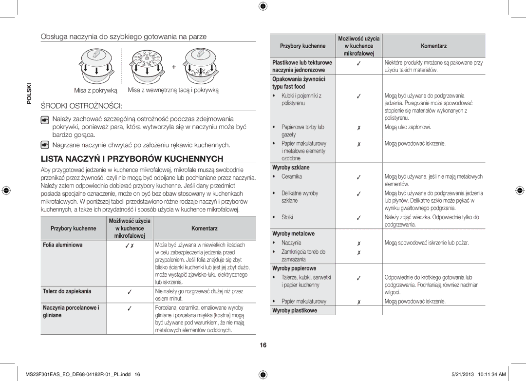 Samsung MS23F301EAW/EO, MS23F301EAS/EG, MS23F301ELW/EG manual Lista Naczyń I Przyborów Kuchennych, Środki Ostrożności 