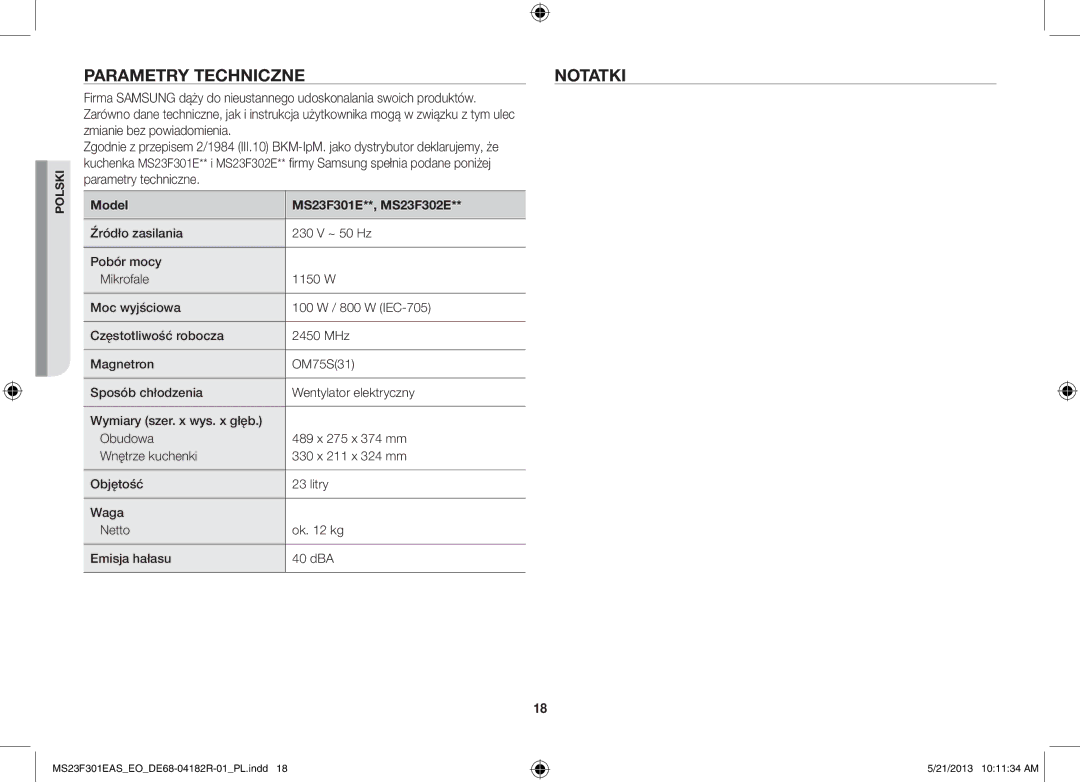 Samsung MS23F301EAS/EG, MS23F301ELW/EG, MS23F301ELW/EO manual Parametry Techniczne Notatki, Model MS23F301E**, MS23F302E 